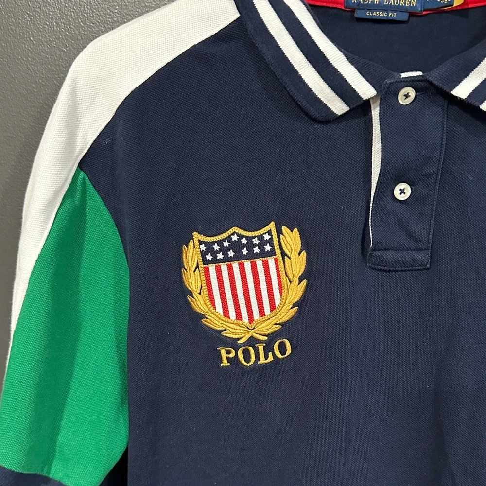 Polo by Ralph Lauren Navy Polo with Green Sleeve Panels and White Trim